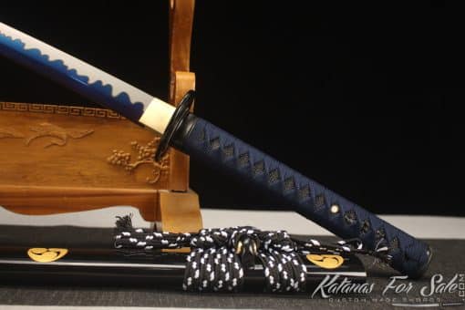 Katana 1060 Carbon Steel with Blue Acid Dye and Black Japanese Crest Hardwood Saya - Image 9