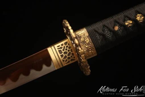 Japanese Katana Sword 1060 Carbon Steel with Gold Acid Dye and Black and Gold Mixed Hardwood Saya - Image 10