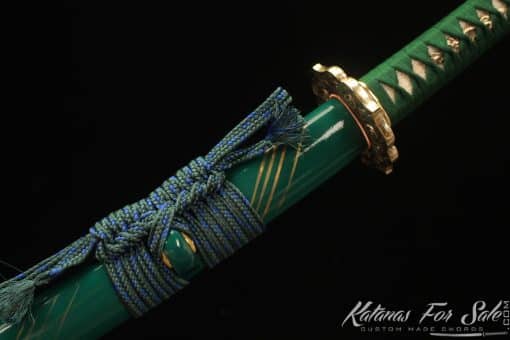 Katana T10 Clay Tempered Steel with Green Golden Stripes Hardwood Saya - Image 2