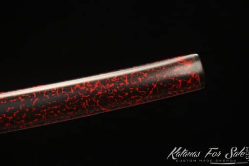Samurai Katana 1095 Folded Steel with Ladder Grains with Mixed Black and Red Paint Saya with Buffalo Horns - Image 4