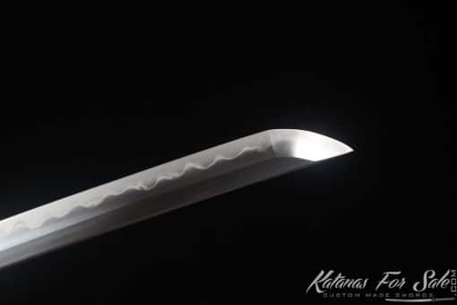 Japanese Katana Blade T10 Clay Tempered Steel with Round Hamon and Hadori Polish with Hand Carved Dragon Hardwood Saya - Image 4