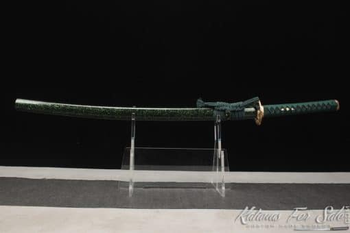 Katana T10 Clay Tempered Steel with Dark Green Sparkle Lime Hardwood Saya - Image 3