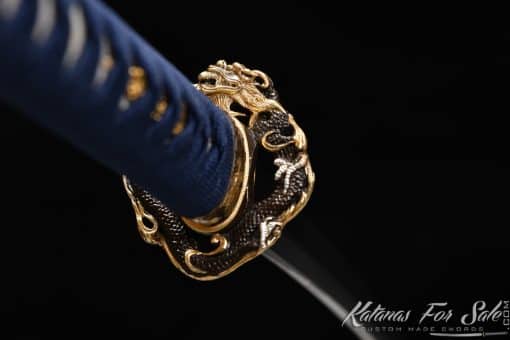 Katana T10 Clay Tempered Steel with Blue Engraved Dragon on Black Hardwood Saya - Image 3