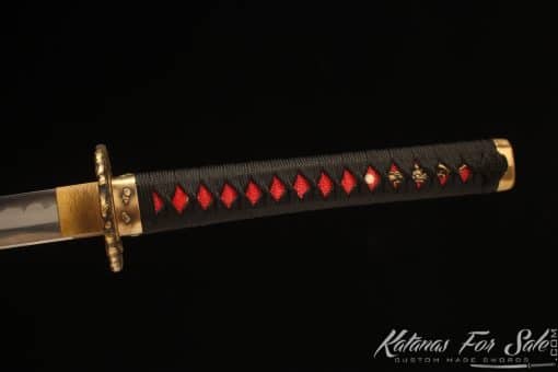 Handcrafted Katana T10 Clay Tempered Steel with Hadori Polish and Burgundy Seashell Dragon Saya with black Buffalo horns - Image 10