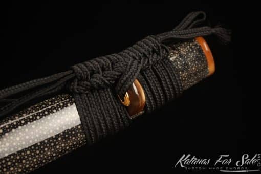Traditional Katana Sword T10 Folded Clay Tempered Steel with Full Black Rayskin Saya and brown Buffalo Horns - Image 4