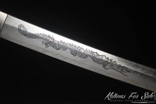 Legendary Katana T10 Clay Tempered Steel with "Manpai" Full Hamon and engraved dragon & sword with Black Ratten Hardwood Saya - Image 4