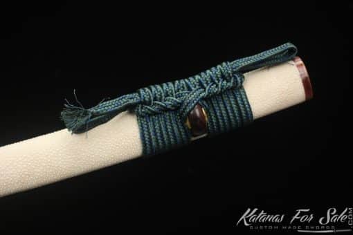Katana T10 Clay Tempered Steel with Full White Rayskin Saya and Buffalo Horns - Image 3