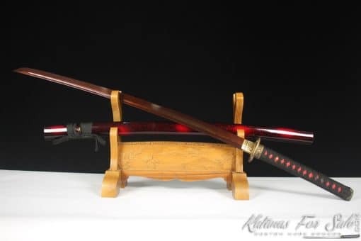 Katana 9260 Spring Steel with Red Acid Dye and Red and Black Dual Color Hardwood Saya - Image 3