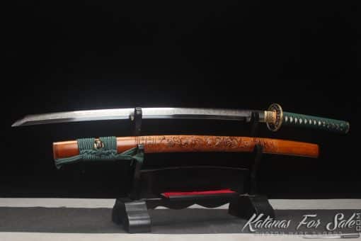 Japanese Katana Sword T10 Clay Tempered Steel with Flame Hamon and Hadori Polish with Red Wood Hand Carved Dragon Saya