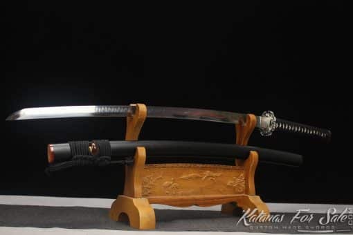 Katana T10 Clay Tempered Steel with Choji Hamon with Matt Black Hardwood Saya with Buffalo Horns - Image 4