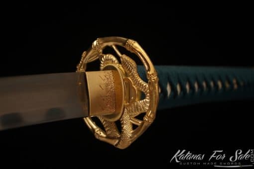 Samurai Katana T10 Clay Tempered Steel with Reversed Hamon and Full Black Rayskin Saya with Buffalo Horns - Image 4