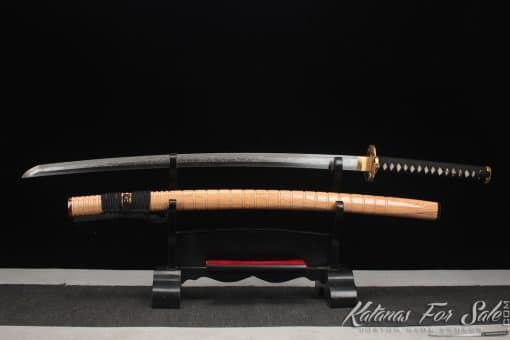 Limited-Edition Katana T10 Clay Tempered Steel with "Manpai" Full Hamon and Hadori Polish with Natural Bamboo Wood Saya with Buffalo Horns - Image 4