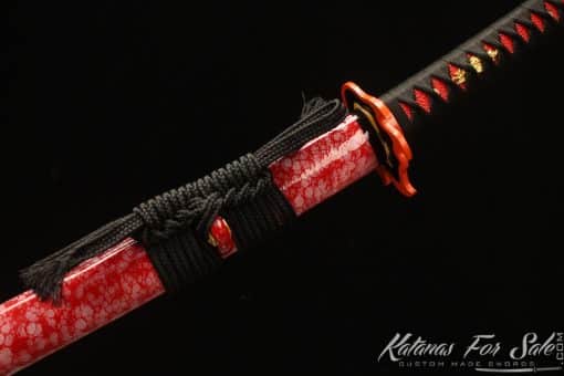 Katana 1060 Folded Steel with Red Acid Dye and Gloss Red Mashmellow Hardwood Saya - Image 4