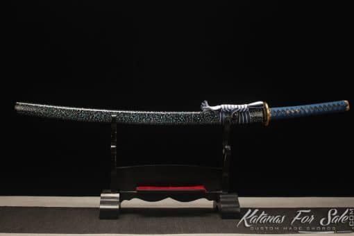 Katana Sword 1060 Folded Steel with Red Acid Dye and Black and Sparkle White Hardwood Saya - Image 4