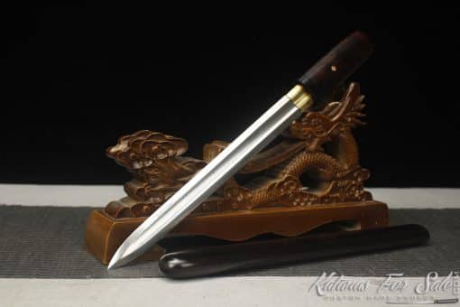 Double Edge Shirasaya Tanto T10 Folded Steel with Ebony Wood Round Tip Saya and Buffalo Horns