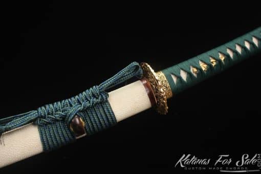 Katana T10 Clay Tempered Steel with Full White Rayskin Saya and Buffalo Horns
