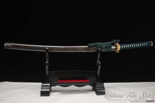 Samurai Katana T10 Clay Tempered Steel with Reversed Hamon and Full Black Rayskin Saya with Buffalo Horns - Image 8