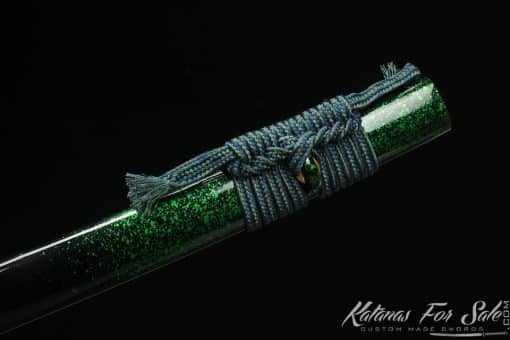 Katana 1060 Carbon Steel with engraved gold thunder pattern and Black and Splatter Green Hardwood Saya - Image 6
