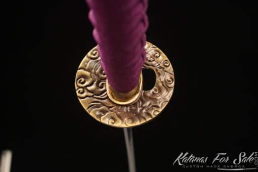 Samurai Katana 1060 Carbon Steel with Blue Acid Dye and Sparkle Purple Hardwood Saya - Image 5