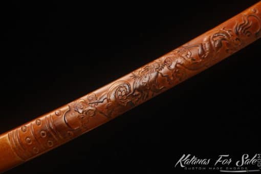 Japanese Katana Sword T10 Clay Tempered Steel with Flame Hamon and Hadori Polish with Red Wood Hand Carved Dragon Saya - Image 7