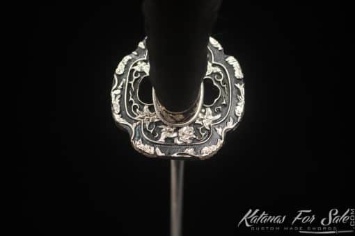 Katana T10 Clay Tempered Steel with Choji Hamon with Matt Black Hardwood Saya with Buffalo Horns - Image 8
