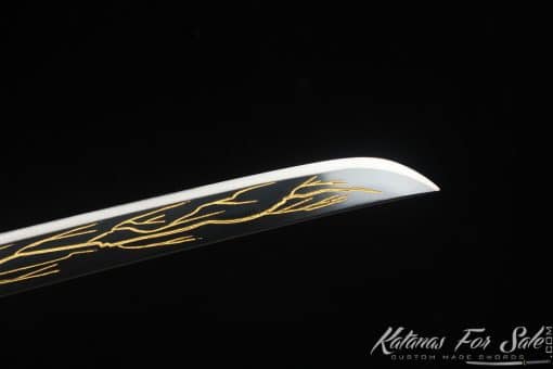 Katana 1060 Carbon Steel with engraved gold thunder pattern and Black and Splatter Green Hardwood Saya - Image 8