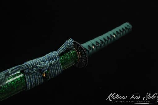 Katana 1060 Carbon Steel with engraved gold thunder pattern and Black and Splatter Green Hardwood Saya - Image 9