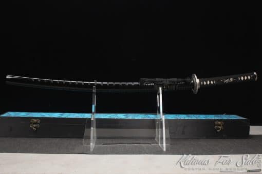 Legendary Katana T10 Clay Tempered Steel with "Manpai" Full Hamon and engraved dragon & sword with Black Ratten Hardwood Saya - Image 9