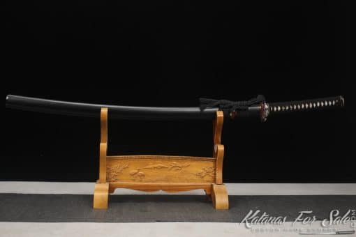 Katana T10 Clay Tempered Steel with Choji Hamon with Matt Black Hardwood Saya with Buffalo Horns - Image 9