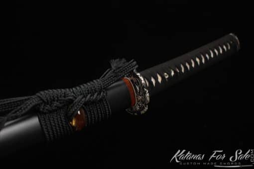 Katana T10 Clay Tempered Steel with Choji Hamon with Matt Black Hardwood Saya with Buffalo Horns - Image 10