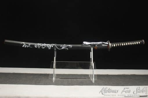 Katana T10 Folded Clay Tempered Steel with Hon Sanmai Construction Multiple-refined Steel with Matt Black Hand-Drawn Rose Hardwood Saya - Image 4