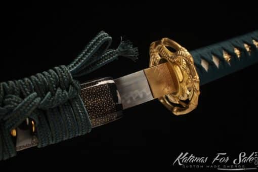 Samurai Katana T10 Clay Tempered Steel with Reversed Hamon and Full Black Rayskin Saya with Buffalo Horns