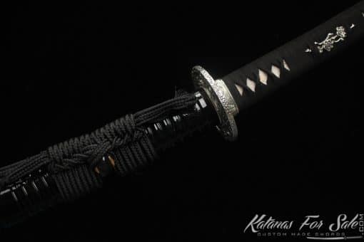 Legendary Katana T10 Clay Tempered Steel with "Manpai" Full Hamon and engraved dragon & sword with Black Ratten Hardwood Saya - Image 10