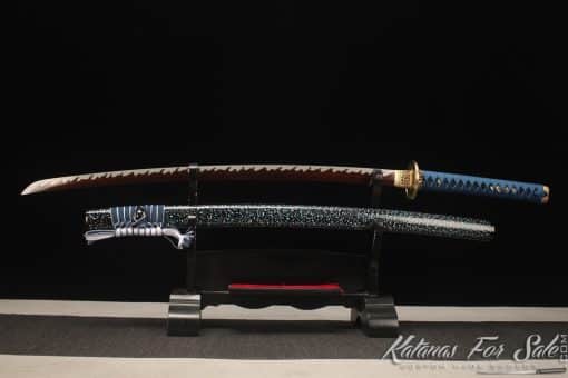 Katana Sword 1060 Folded Steel with Red Acid Dye and Black and Sparkle White Hardwood Saya - Image 10