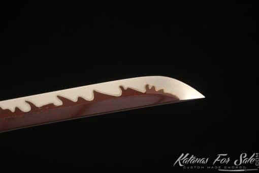Katana 1060 Folded Steel with Red Acid Dye and Gloss Red Mashmellow Hardwood Saya - Image 5