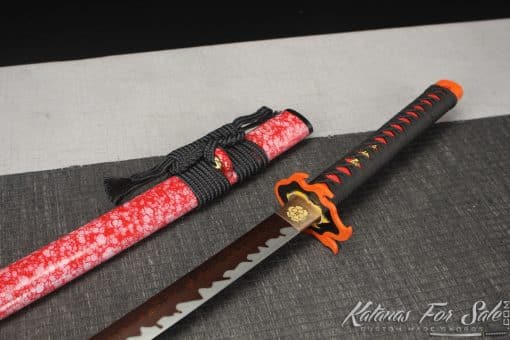 Katana 1060 Folded Steel with Red Acid Dye and Gloss Red Mashmellow Hardwood Saya - Image 7