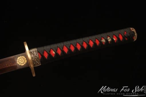 Katana 1095 Folded Steel with Red Acid Dye and Dual Color Mixed Lacquered Hardwood Saya - Image 7