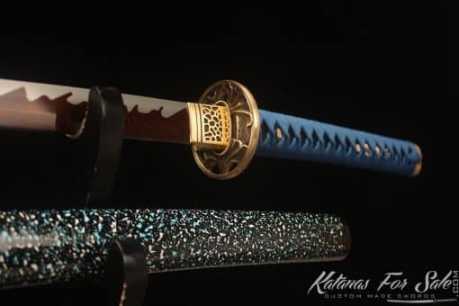 Katana Sword 1060 Folded Steel with Red Acid Dye and Black and Sparkle White Hardwood Saya - Image 9