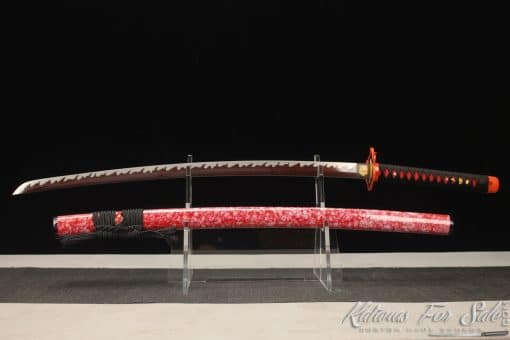 Katana 1060 Folded Steel with Red Acid Dye and Gloss Red Mashmellow Hardwood Saya - Image 6
