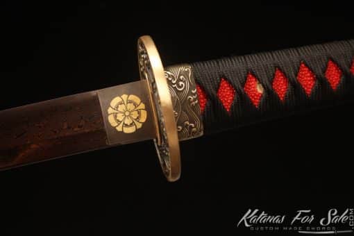 Katana 1095 Folded Steel with Red Acid Dye and Dual Color Mixed Lacquered Hardwood Saya - Image 6