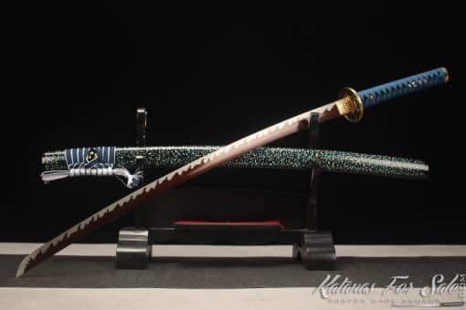 Katana Sword 1060 Folded Steel with Red Acid Dye and Black and Sparkle White Hardwood Saya - Image 3