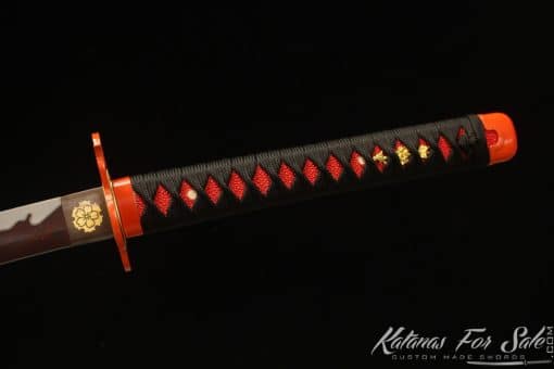 Katana 1060 Folded Steel with Red Acid Dye and Gloss Red Mashmellow Hardwood Saya - Image 9