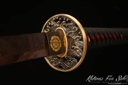 Katana 1095 Folded Steel with Red Acid Dye and Dual Color Mixed Lacquered Hardwood Saya