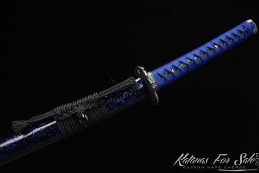 Katana 9260 Spring Steel with Black Acid Dye and Black and Blue Laquared Hardwood Saya - Image 10