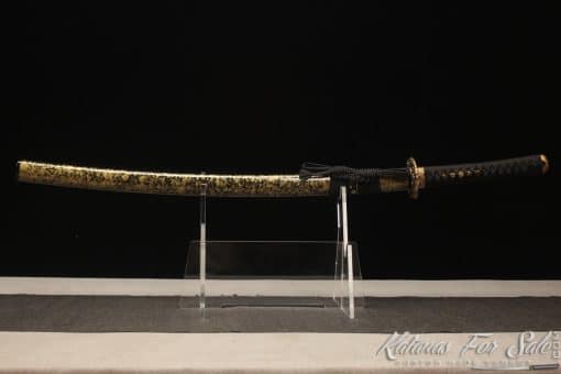 Japanese Katana Sword 1060 Carbon Steel with Gold Acid Dye and Black and Gold Mixed Hardwood Saya - Image 4