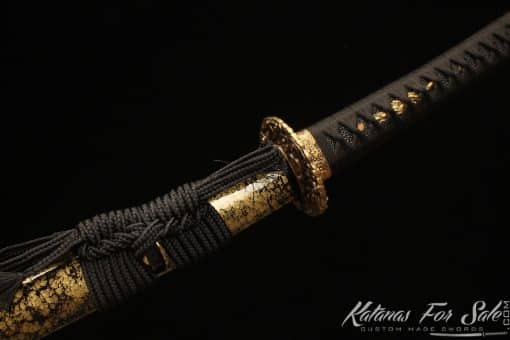 Japanese Katana Sword 1060 Carbon Steel with Gold Acid Dye and Black and Gold Mixed Hardwood Saya - Image 11