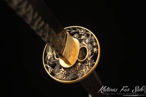 Japanese Katana Blade 1095 Folded Steel with Geo Shape and Full Lacquered Black Ray Skin Saya - Image 9
