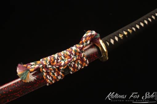 Samurai Katana 1095 Folded Steel with Ladder Grains with Mixed Black and Red Paint Saya with Buffalo Horns