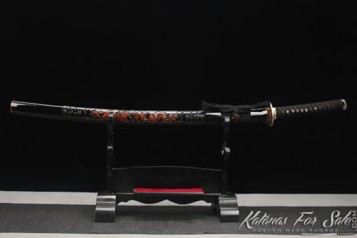 Japanese Katana Blade T10 Clay Tempered Steel with Round Hamon and Hadori Polish with Hand Carved Dragon Hardwood Saya - Image 9