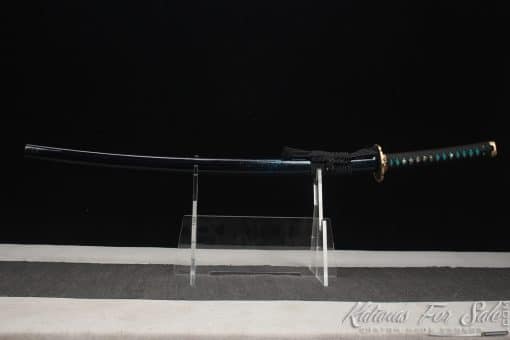 Katana Blade T10 Clay Tempered Steel with Black and Blue Dotted Hardwood Saya - Image 3